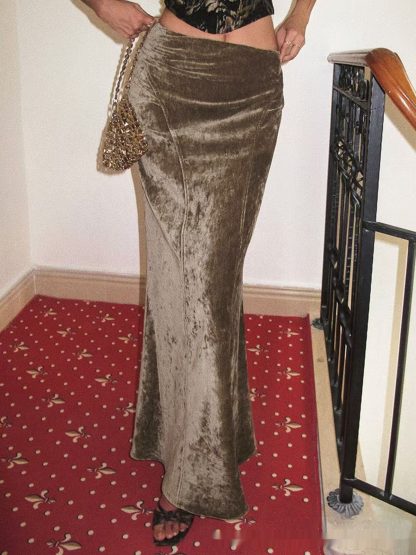 Long European And American Velvet Gloss Diamond Velvet Oblique Cut High Waist Drooping A- Line Temperament Sexy Skirt - Image 5