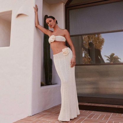 Women's Solid Color Knitted Crocheted Beach Bikini Swimsuit Blouse Sun-proof Set