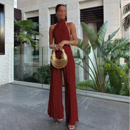 Women's Halter Elastic Waist Polyester Fiber Sleeveless Sports Suit - Image 6