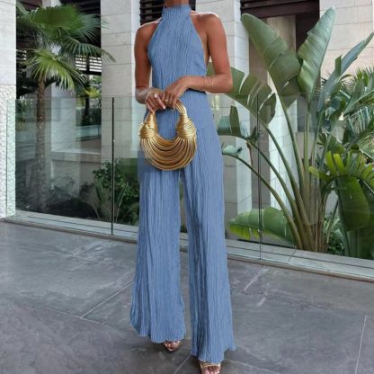 Women's Halter Elastic Waist Polyester Fiber Sleeveless Sports Suit - Image 2