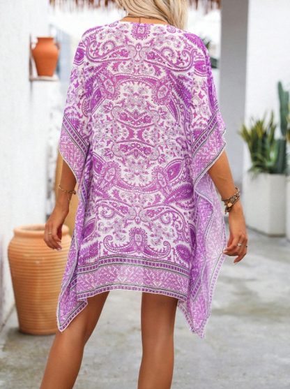 Swim Women's Vacation Paisley Print V-Neck Batwing Sleeve Loose Cover-Up Dress Summer - Image 5