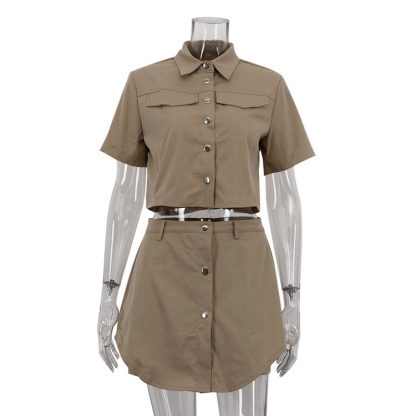 Retro Lapels Short-sleeved Top Double Layer High-waisted Trousers Skirt Two-piece Set - Image 5