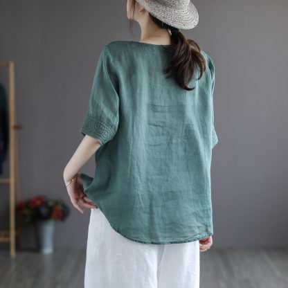 Women's Fashion Retro Cotton And Linen Embroidered V-neck Short-sleeved T-shirt - Image 9