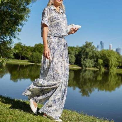Ink Painting Printing Lapel Short Shirt High Waist Wide Leg Pants Two-piece Set - Image 4