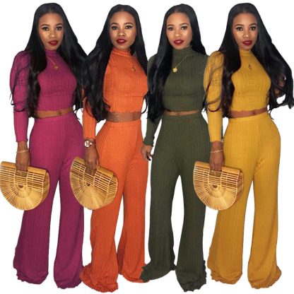 Midriff Outfit Wide Leg Pants High Collar Two-piece Sweater - Image 2