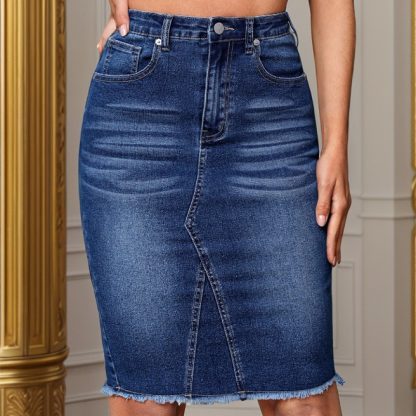 Casual Fashion Stretchy High Waist Slimming Slit Sheath Denim Skirt