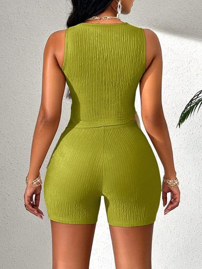 VaVaLuxe Asymmetrical Flowing Soverell Hem, Flowing Texture Fabric Shorts Suit - Image 4