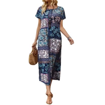 Long Printed Short Sleeve Round Neck Dress - Image 5