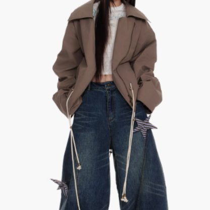Washing Curved Knife Straight Leg Wide Leg Workwear Jeans For Women - Image 4