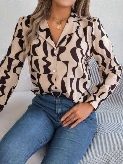 Commuting Elegant Contrast Color Striped Suit Collar Long Sleeve Shirt - Image 2