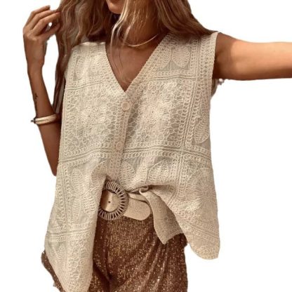 V-neck Vest Lace Embroidered Buckle Cardigan Vest Vacation Top - Image 5