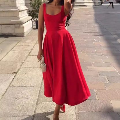 Women's Solid Color Square Collar Sling Dress - Image 2