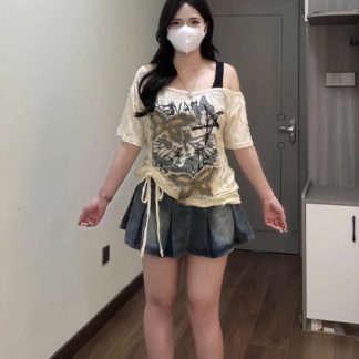 Slightly Fat Beautiful Butterfly Oblique Shoulder Tops Loose Short Sleeve