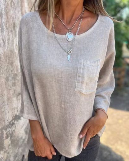 Round Neck Pullover Bat Three-quarter-length-sleeved T-shirt Pocket Color Matching - Image 7
