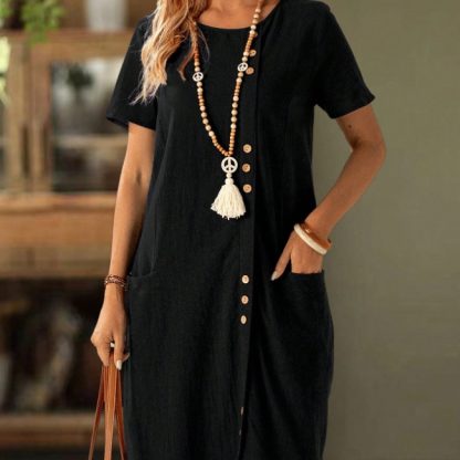 Women's Solid Color Button Front Short Sleeve Pocket Casual Dress