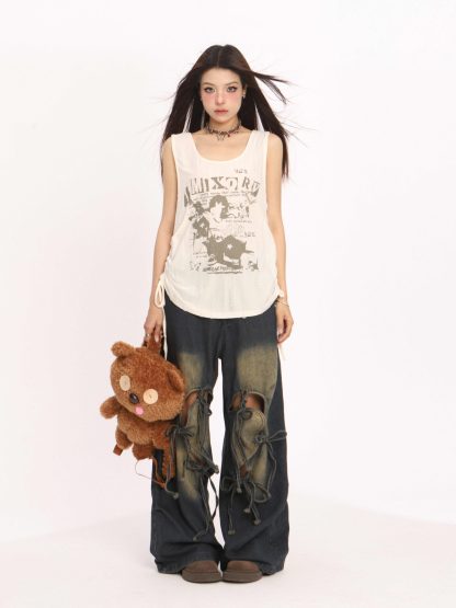 Ripped Love Lace-up Jeans Women's High Waist Straight Wide Leg Pants - Image 5