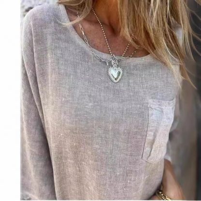 Round Neck Pullover Bat Three-quarter-length-sleeved T-shirt Pocket Color Matching - Image 4