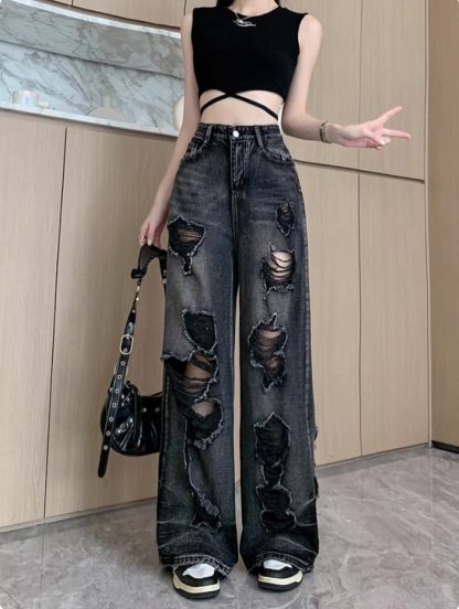 Retro Tattered Jeans High Waist Straight-leg Shorts - Image 4