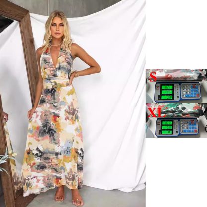 Printed Tied V-neck Waist-tight A- Line Dress - Image 3