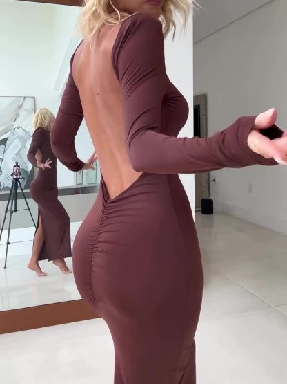 Brown Backless Long Sleeve Maxi Dress - Image 2