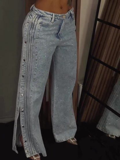 Button Polyester Rhinestone Fashion Jeans - Image 3