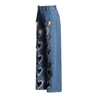 High Waist Hollowed Heart Shape Wide Leg Jeans - Image 4