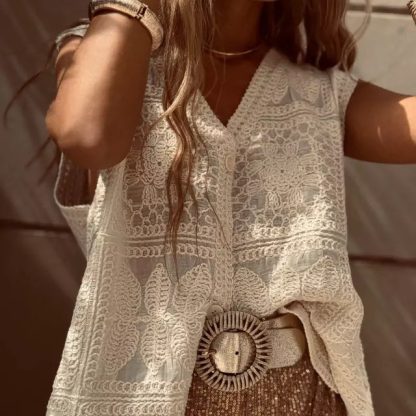 V-neck Vest Lace Embroidered Buckle Cardigan Vest Vacation Top - Image 2