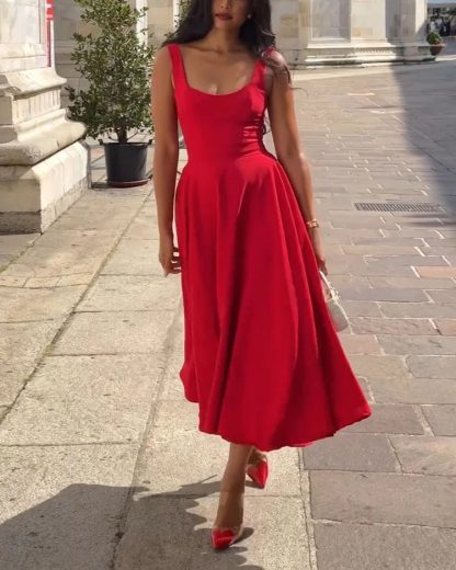 Women's Solid Color Square Collar Sling Dress - Image 6