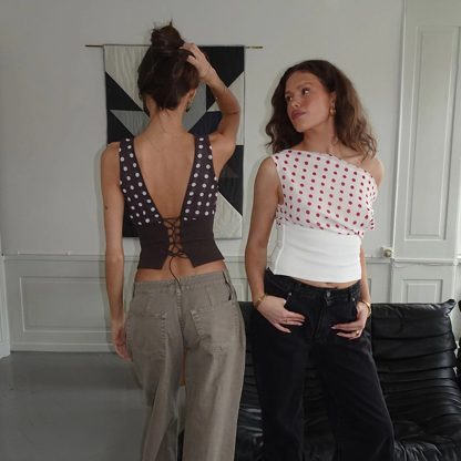 Polka Dots Print Oblique Shoulder Tops Summer Patchwork Chiffon Crop Top Women Sexy Sleeveless Lace Up Backless Blouse Casual Streetwear Tee - Image 5
