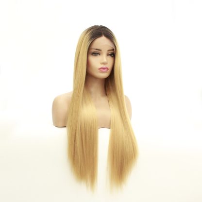 Long straight hair synthetic front lace wig headgear - Image 4