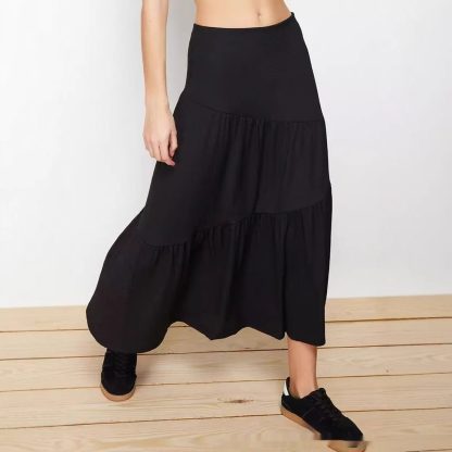 High Waist Elastic Skirt Irregular Pleated A- Line Big Hem Dress - Image 4