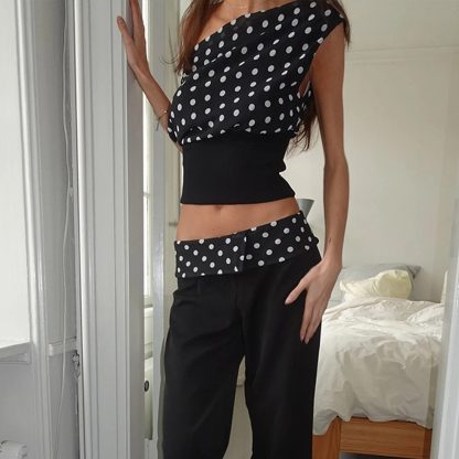 Polka Dots Print Oblique Shoulder Tops Summer Patchwork Chiffon Crop Top Women Sexy Sleeveless Lace Up Backless Blouse Casual Streetwear Tee - Image 7