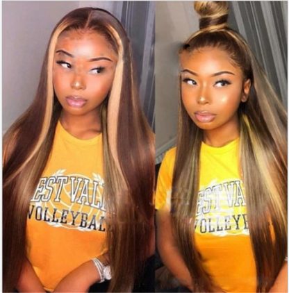 Mid-length straight hair brown pick golden long hair synthetic headgear - Image 3