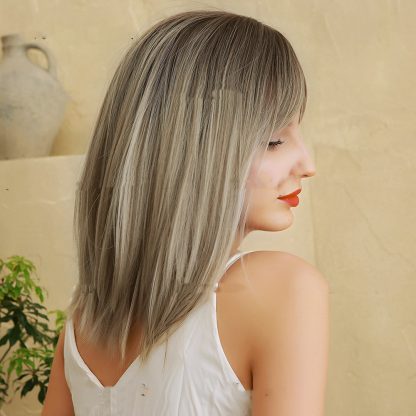 Wig, Eight-character Bangs, Gradient Golden High-grade Gray Medium Straight Hair - Image 3
