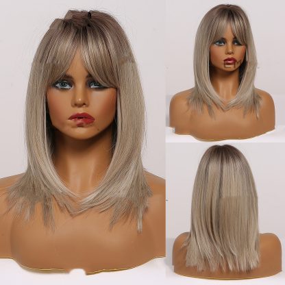 Wig, Eight-character Bangs, Gradient Golden High-grade Gray Medium Straight Hair - Image 4
