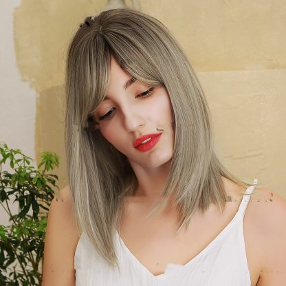 Wig, Eight-character Bangs, Gradient Golden High-grade Gray Medium Straight Hair - Image 2