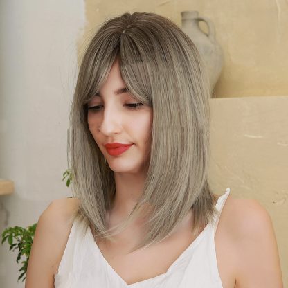 Wig, Eight-character Bangs, Gradient Golden High-grade Gray Medium Straight Hair - Image 5