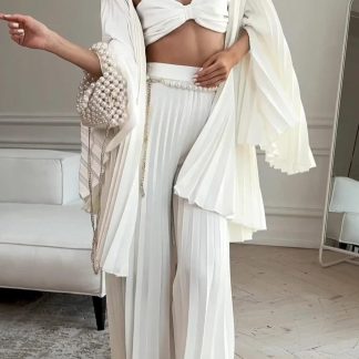White Pleated Vest Cardigan Three-piece Wide-leg Pants Suit