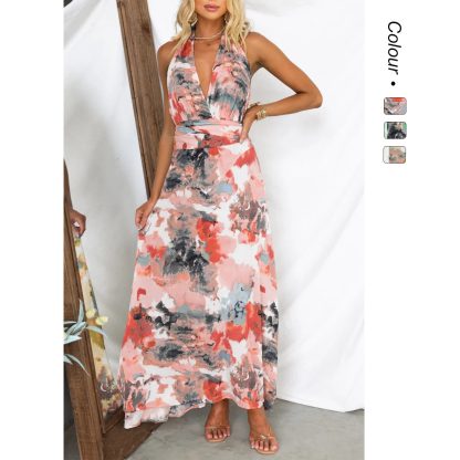 Printed Tied V-neck Waist-tight A- Line Dress - Image 2
