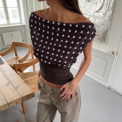 Polka Dots Print Oblique Shoulder Tops Summer Patchwork Chiffon Crop Top Women Sexy Sleeveless Lace Up Backless Blouse Casual Streetwear Tee - Image 6