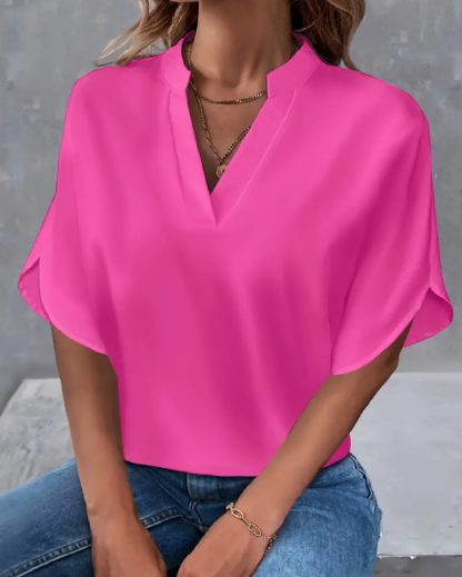 Lightweight Solid Color Notch Neck Blouse - Stylish Short Split Sleeves For Spring & Summer - Trendy Womens Casual Top - Image 8