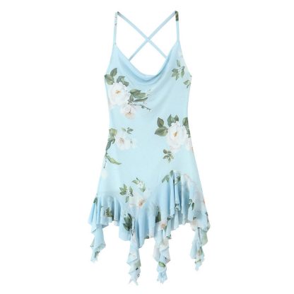 European And American Style Floral Print Asymmetric Knitted Sling Swing Collar Dress - Image 2