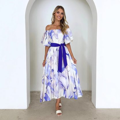 European American Summer New Temperament Shoulder Waist Puff Sleeve Printed Large Swing Dress - Image 4