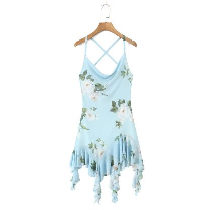 European And American Style Floral Print Asymmetric Knitted Sling Swing Collar Dress - Image 5