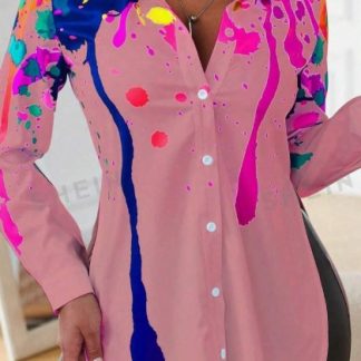 Spring And Autumn Leisure Ink-Splash Printed Side Slit Long Sleeve Shirt