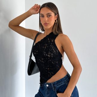 Lace Diagonal Collar Cardigan Loose Stitched Backless Solid Color Top