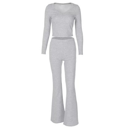 Solid Color Long Sleeve Flared Pants Two-piece Fashion Slim Fit Suit - Image 5