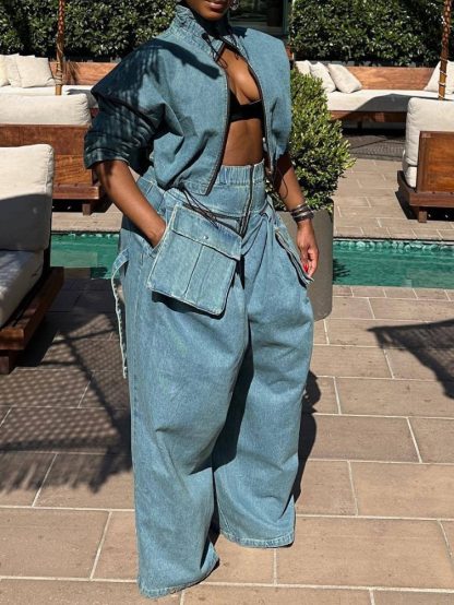 Retro Zipper Jacket & Wide-leg Jeans Two-piece Set - Image 6