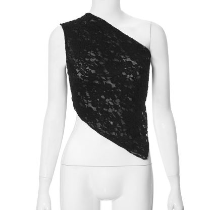 Lace Diagonal Collar Cardigan Loose Stitched Backless Solid Color Top - Image 6