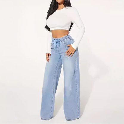 High Waist Drawstring Loose Wide Leg Light Blue Jeans - Image 2